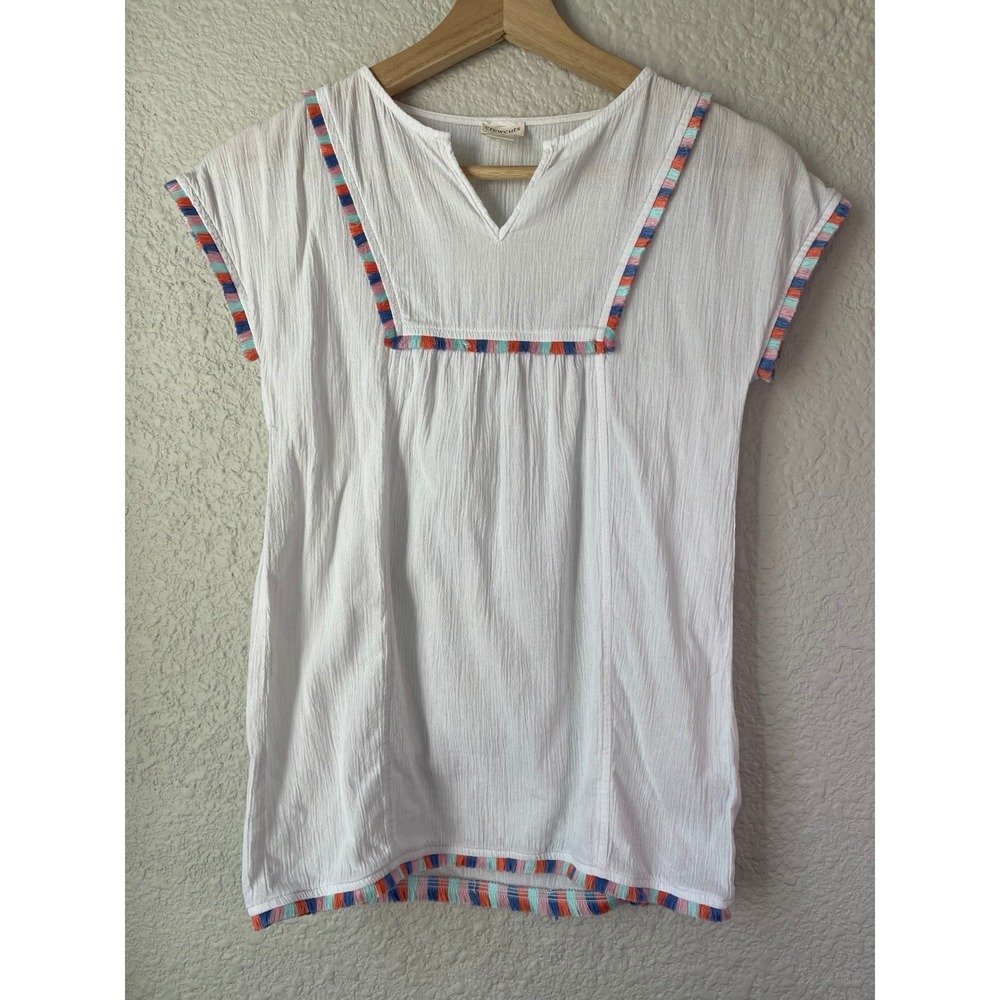 Crewcuts Girls White Dress/Coverup Size S‎ Short Sleeve Colorful Trim Cotton